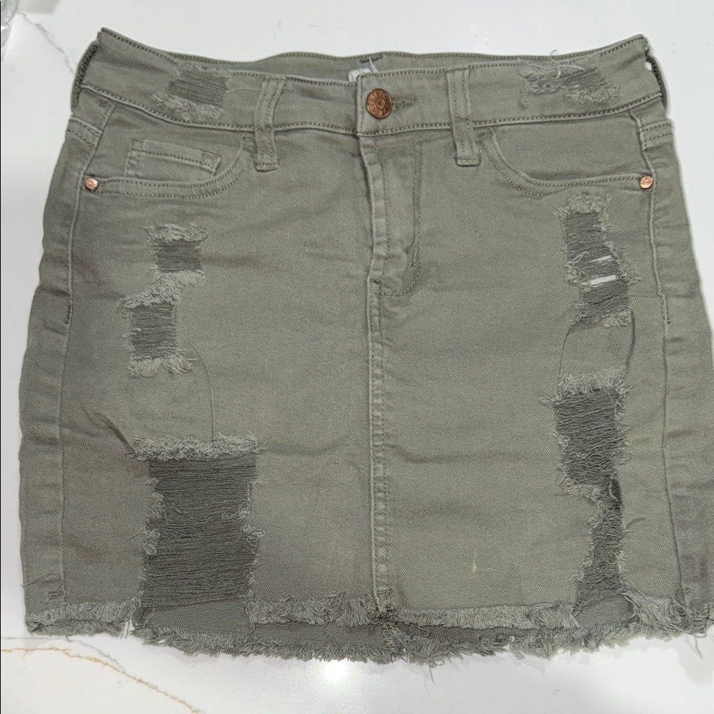 Elan Olive Distressed Pencil Skirt